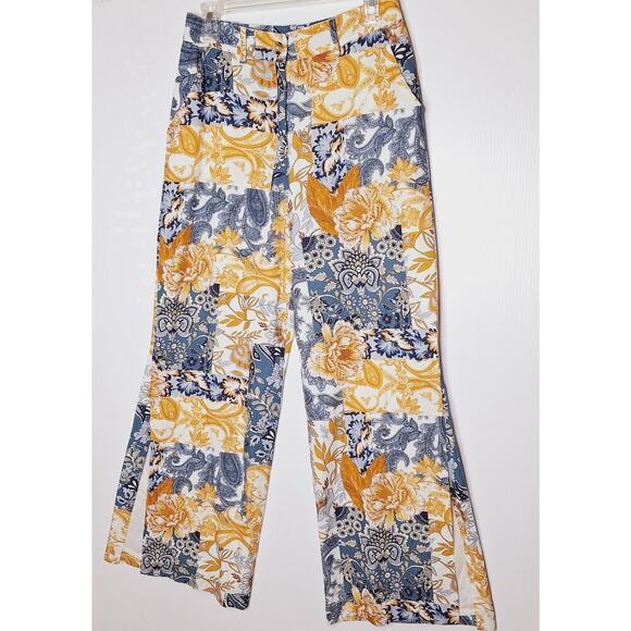 Boston Proper Patchwork Wide Leg Pants Linen 4 Arizona Paisley Floral Side Slits - Picture 4 of 13